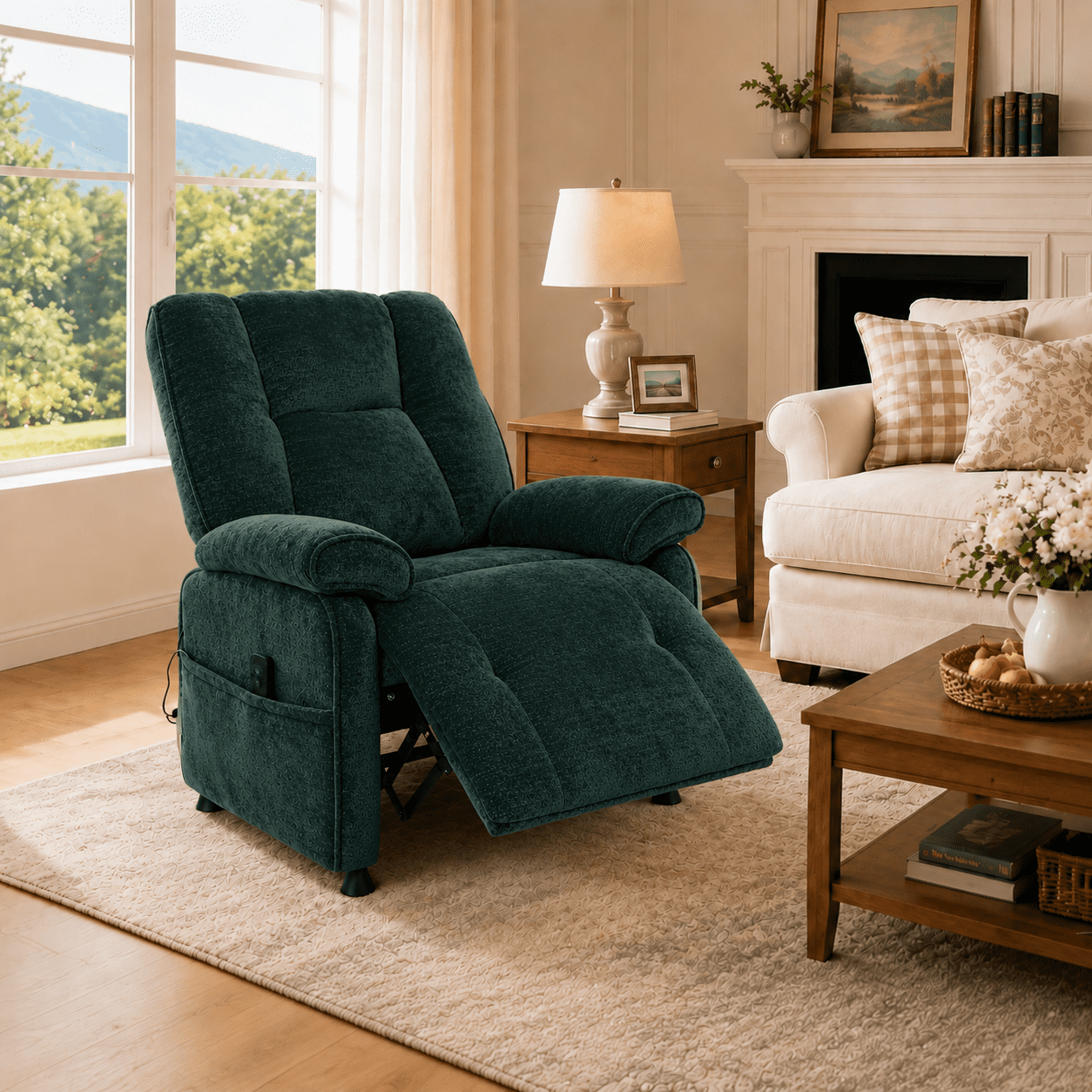 TiramisuBest Power Recliner Chair,Ergonomic Chenille Electric Reclining Lounge Chair with USB Ports & Side Pocket for Living Room,Bedroom,Blackish Green