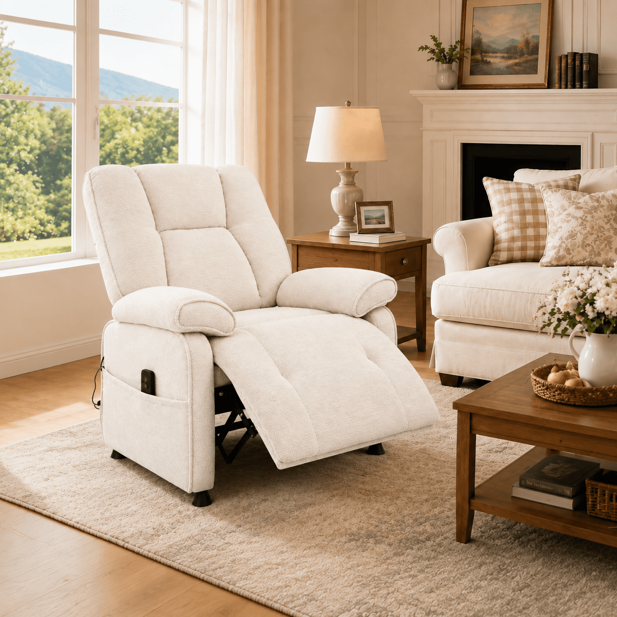 TiramisuBest Power Recliner Chair,Ergonomic Chenille Electric Reclining Lounge Chair with USB Ports & Side Pocket for Living Room,Bedroom,Beige