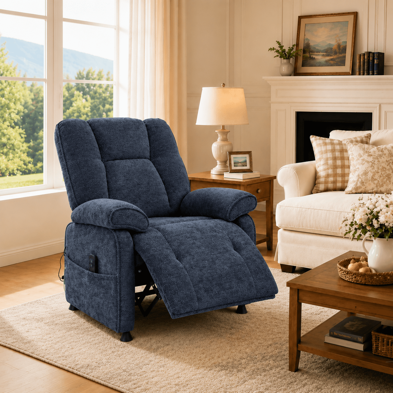TiramisuBest Power Recliner Chair,Ergonomic Chenille Electric Reclining Lounge Chair with USB Ports & Side Pocket for Living Room,Bedroom,Blue