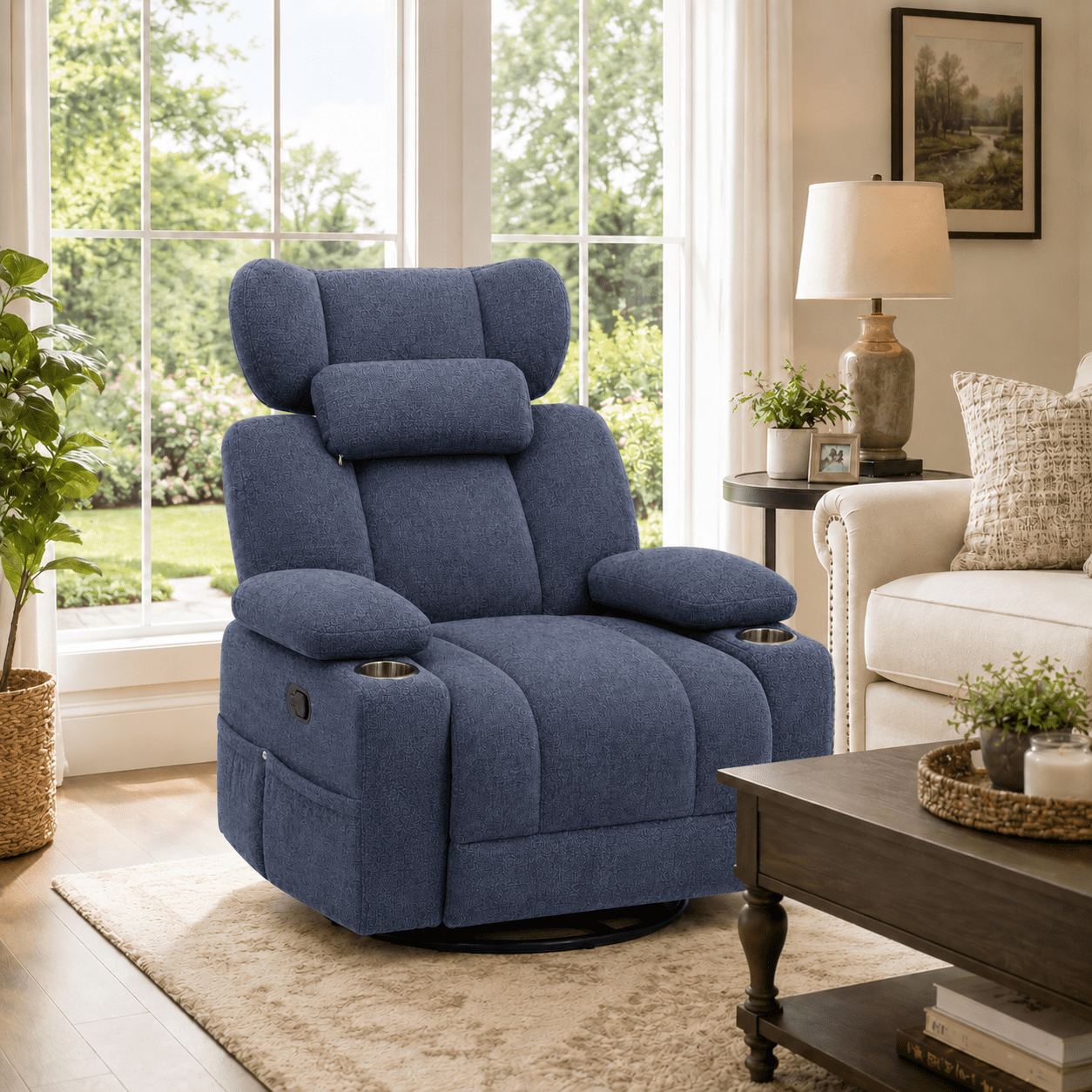 TiramisuBest Swivel Rocking Recliner Chair with Cup Holders,Big and Tall Manual Chenille Lounge Chair for Living Room,Blue