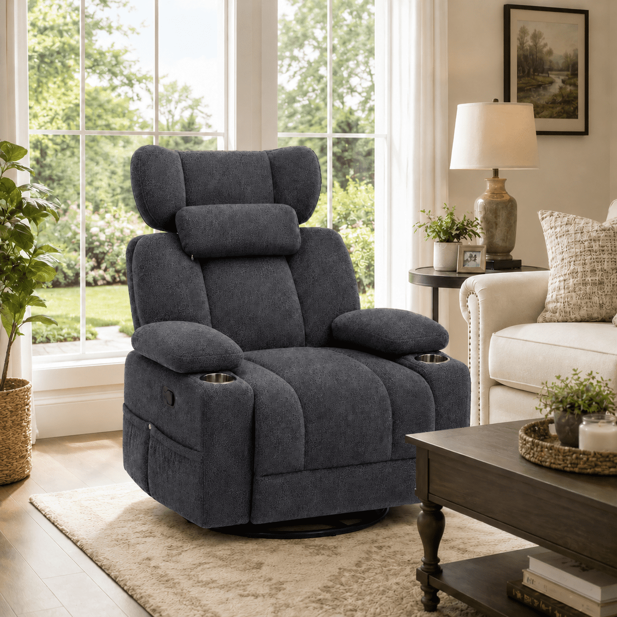 TiramisuBest Swivel Rocking Recliner Chair with Cup Holders,Big and Tall Manual Chenille Lounge Chair for Living Room,Dark Gray