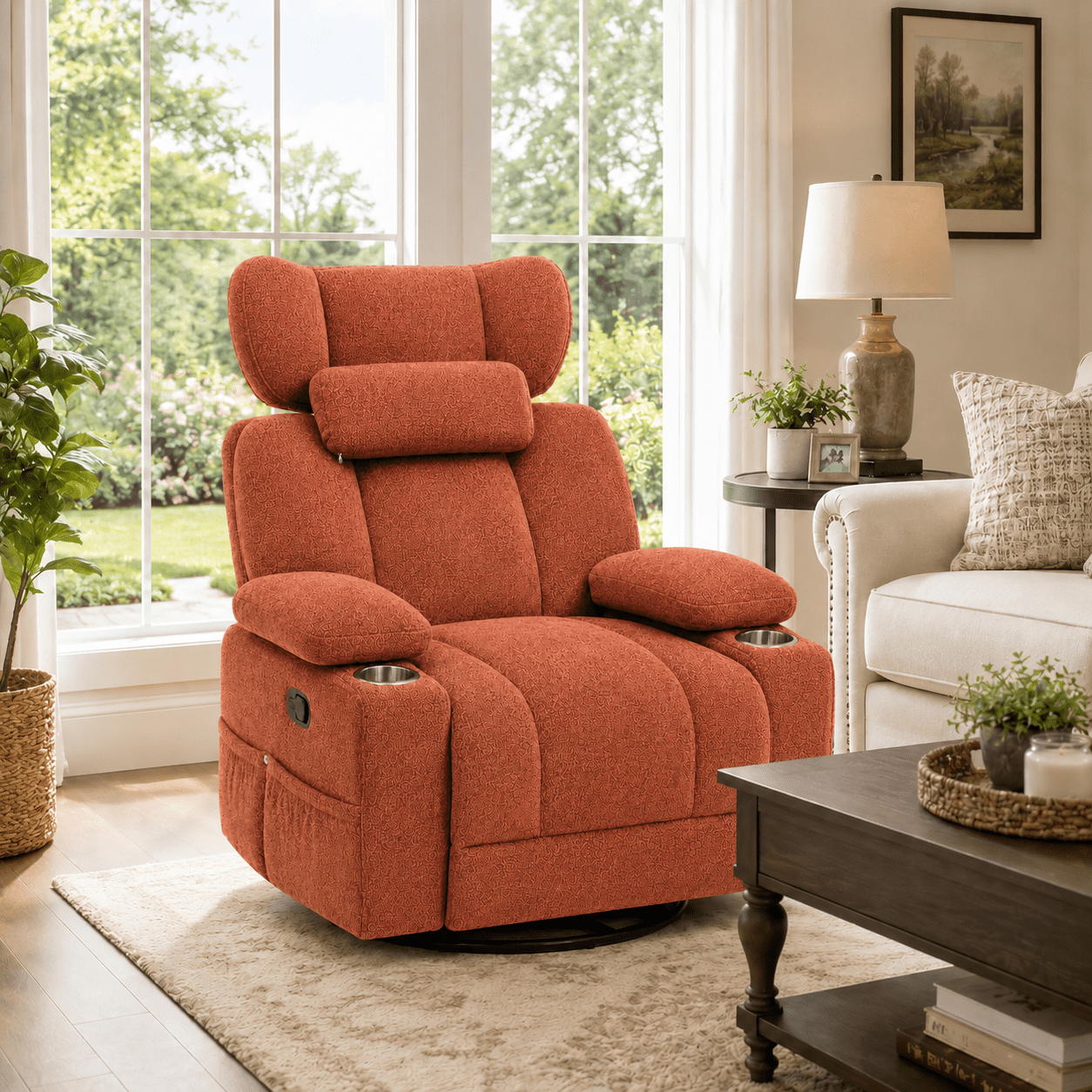 TiramisuBest Swivel Rocking Recliner Chair with Cup Holders,Big and Tall Manual Chenille Lounge Chair for Living Room,Orange