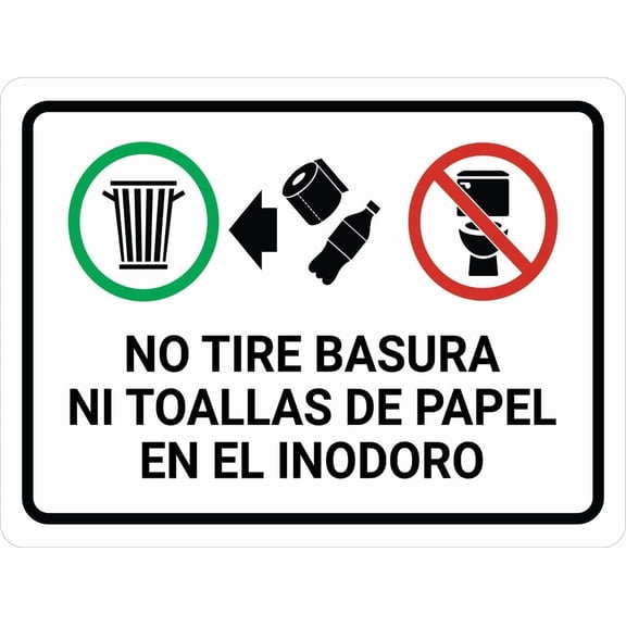 No Tirar La Basura Ni Toallas De Papel En El Inodoro - Wall Sign Spanish Signs Metal Sign Danger Warning Bilingual No-Waste-in-Toilet Alert Man Cave Yard Indoor Or Outdoor Use 8X12 Inch