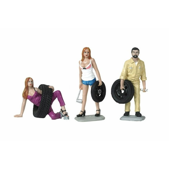 Tire Brigade Val, Meg and Gary 3 piece Figurine Set, - Motorhead Miniatures 774 - 1/24 Scale Figurine - Diorama Accessory
