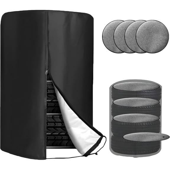 Tire Cover with 4 Felt Pads, Waterproof 420D Oxford Spare Storage Bag Zipper, Heavy Duty Tyre Stack Dust Protective for Trucks SUVs Trailers, Car Accessories