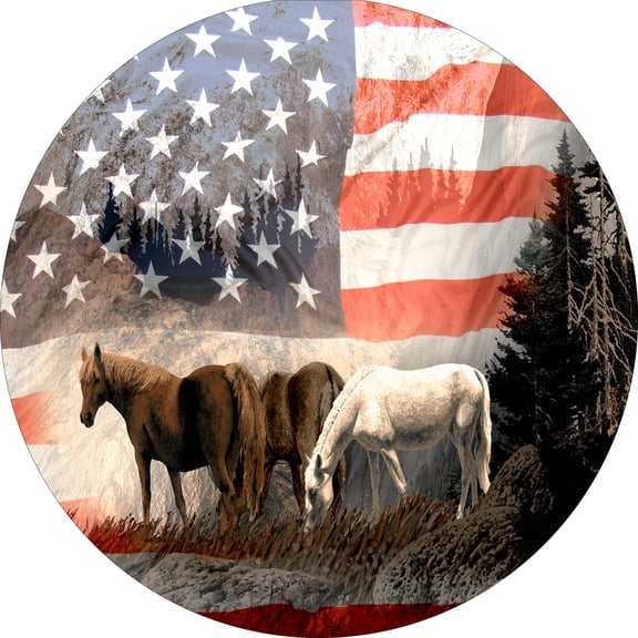 Tire Cover Central Horses & Flag Black Vinyl (Select Size/Camera in Menu) 235/75R15