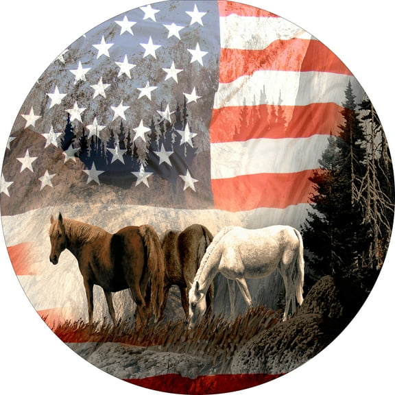 Tire Cover Central Horses & Flag Black Vinyl (Select Size/Camera in Menu) 315/70R17