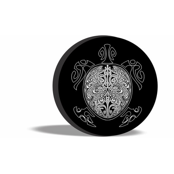 Tire Cover Central Turtle tribal black & white graphic spare Tire Cover 285/70r17 fits centered mounted back up camera openings(drop down size menu-all sizes available)