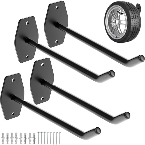 Tire Hook Wall Mount, 4 Pack 88lbs Capacity Garage Wall Hooks, 10 Inch Large Tire & Ladder Hangers, Space-Saving Storage Hooks for Wheels, Folding Chairs, Tools & Bulk Items