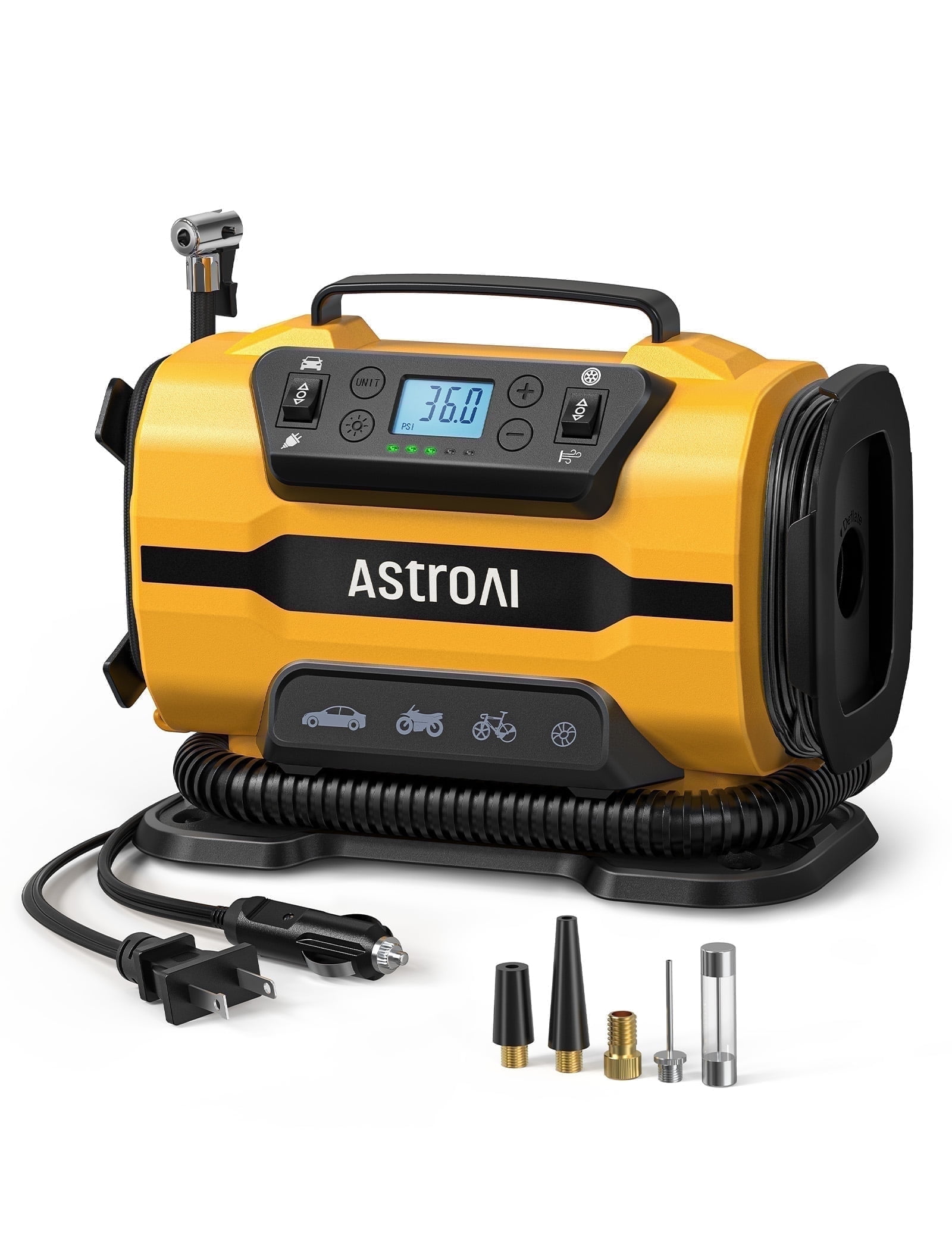 AstroAI Tire Inflator Air Compressor, 150 PSI Car Tire Air Pump with Dual Metal Motors 12V DC/110V AC, LED Light, for Car, Bicycle Tires and Air Mattresses, Yellow