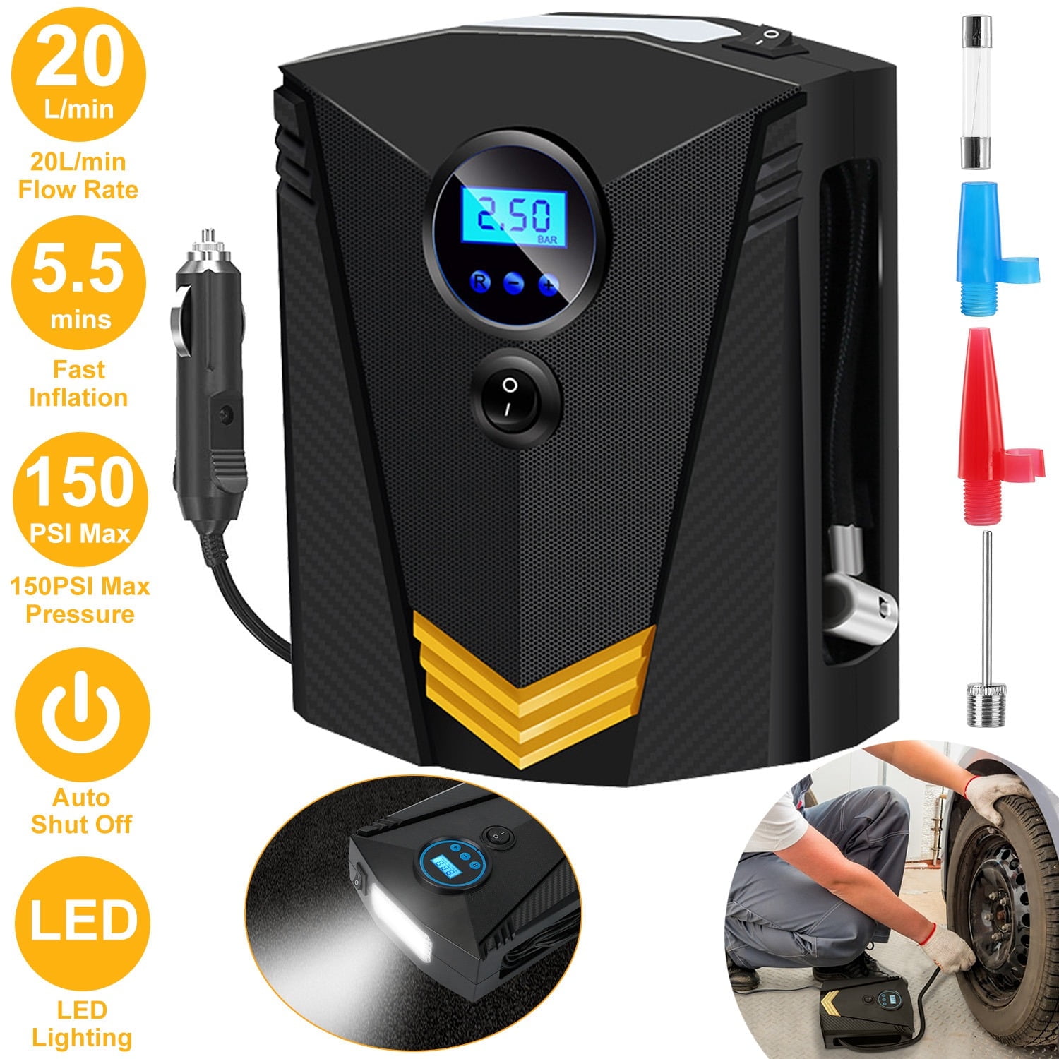 Tire Inflator Car Accessories TeqHome 150PSI Portable Air Compressor Air Pump for Car Tires 12V DC Auto Pump with Digital LCD Display for Bicycle Balls