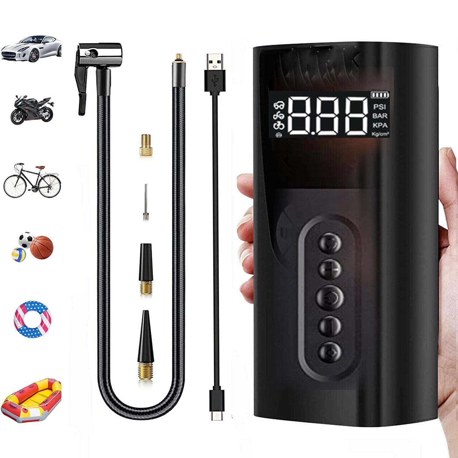 GOXAEEE Gonfleur de pneu sans fil rechargeable, 4000 mAh, compresseur d'air  portable 150 PSI avec 3 buses, convient pour voiture, vélo, moto, ballon  (A) : : Auto et Moto