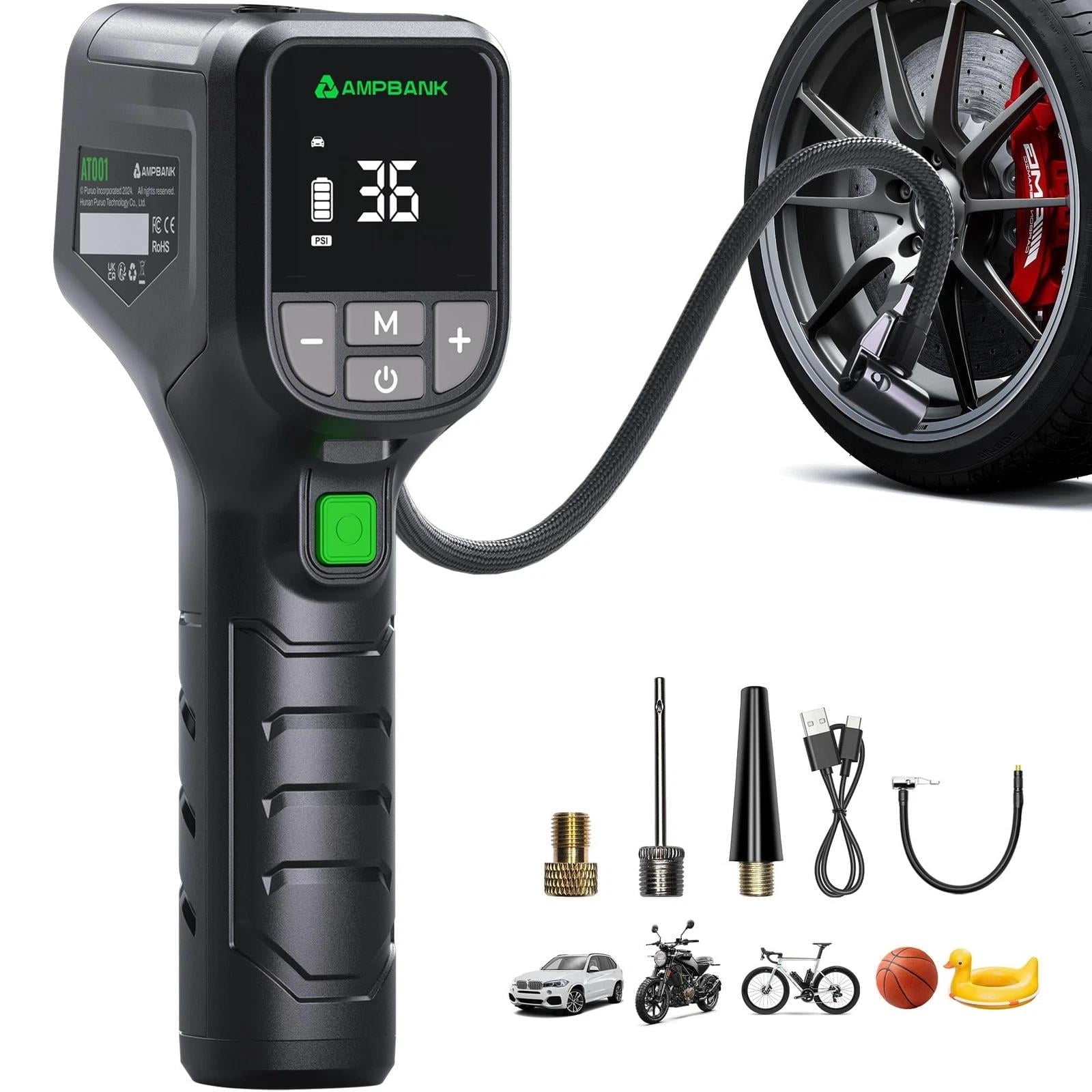 Tire Inflator Portable AMPBANK AT001, Portable Tire Inflator for Car with Pressure Gauge,Auto Air Pump150 PSI, Portable Air Compressor with LED for Car Tires, Motorcycle, SUV, Bicycle, Balls and More