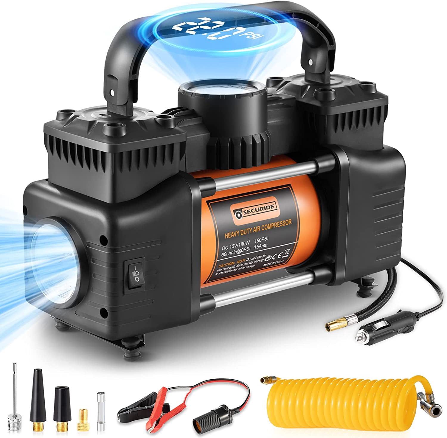 Tire Inflator Portable Air Compressor, 12V DC Double Cylinders Heavy ...