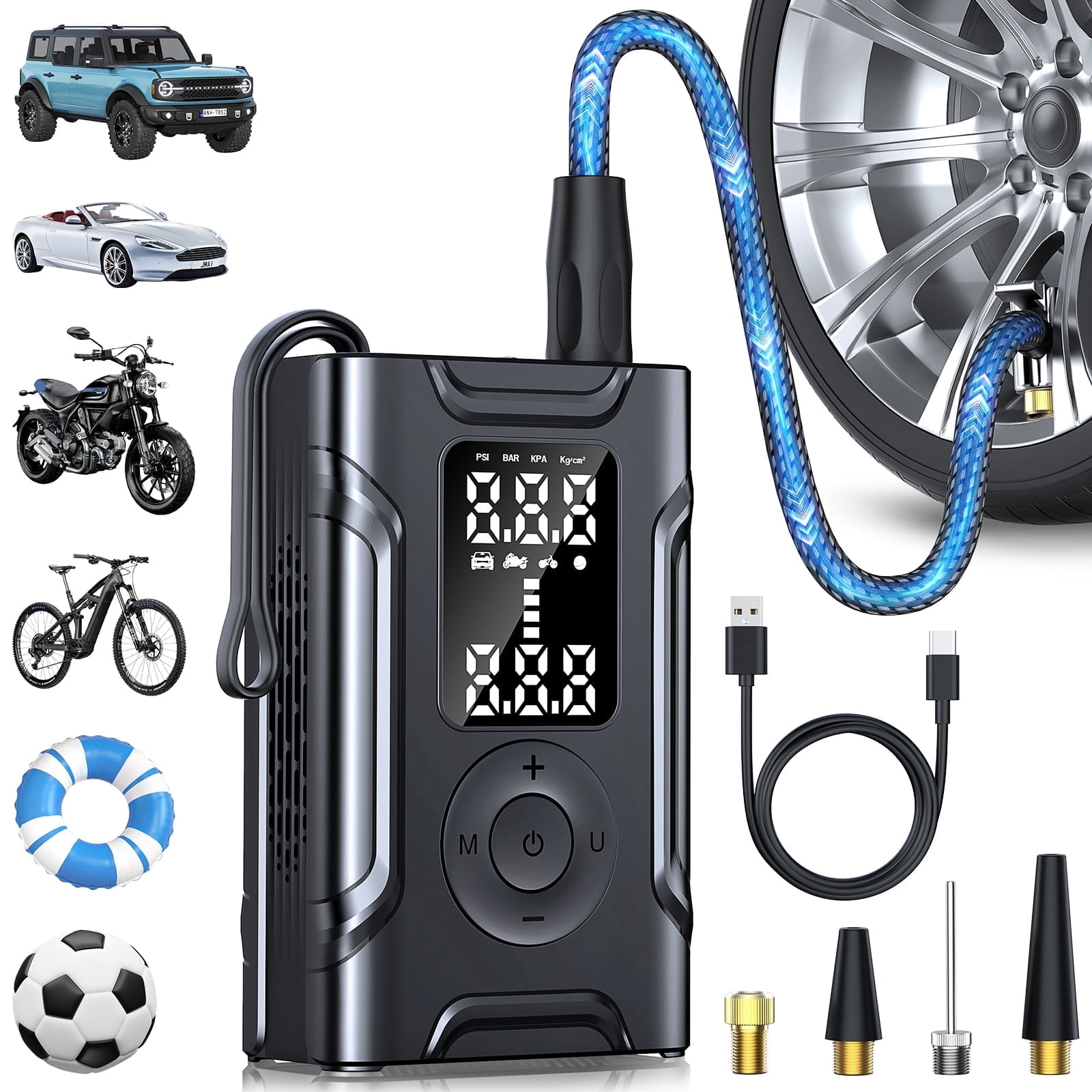 Tire Inflator Portable Air Compressor,145 PSI Cordless Mini Tire Pump Auto Shutoff Function & LED Light for Car