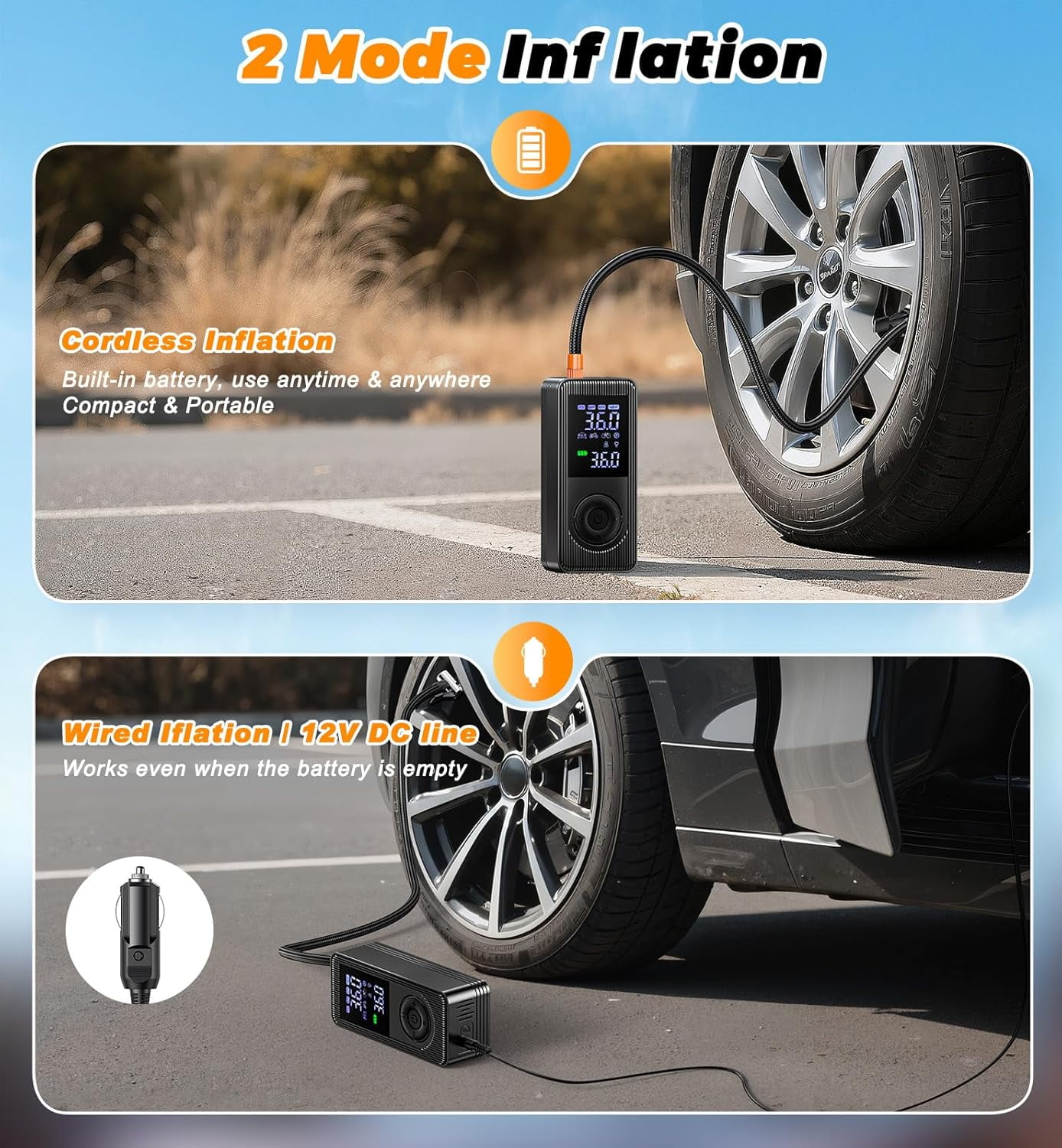 Tire Inflator Portable Air Compressor - 150 PSI 4X Fast Inflation Rechargeable Battery & 12V  Adapter Powered Air Pump for Car Bike Motorcycle Tires Balls with LCD Display, LED Light