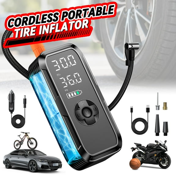 Cordless Portable Tire Inflator, 150 Psi Digital Pressure Gauge, 4500mAh Long Range Battery, Air Compressor for Car Tires with Automatic Shutoff, Emergency LED Light, Compact Automotive Pump