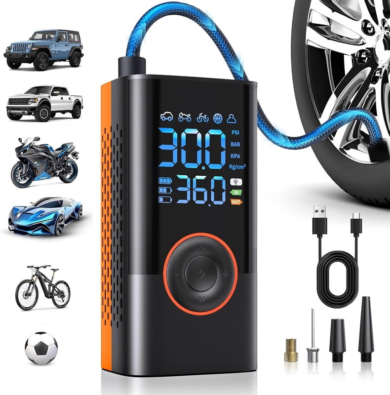 Tire Inflator Portable Air Compressor, 150 PSI Cordless Bike Pump, Air Pump for Auto, Motorcycle, Bicycle, Balls with Pressure Gauge, LED Light & Car Accessories,Blue