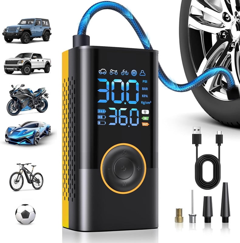Tire Inflator Portable Air Compressor, 150 PSI Cordless Bike Pump, Air Pump for Auto, Motorcycle, Bicycle, Balls with Pressure Gauge, LED Light & Car Accessories,Yellow