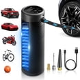 thumbnail image 1 of Cordless Portable Tire Inflator Air Compressor, 150PSI, 5200mAh, digital gauge & LED light, black. Fits cars, motorcycles, bikes, balls, includes multi nozzles + USB charging cable, 1 of 10