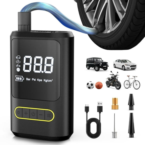 Cshidworld Tire Inflator Portable Air Compressor - 3X Faster 150 PSI Cordless Mini Bike Pump with Digital Pressure Gauge, Tires Air Pump with LED Lights & Pressure Gauge for Auto, Bikes, Balls