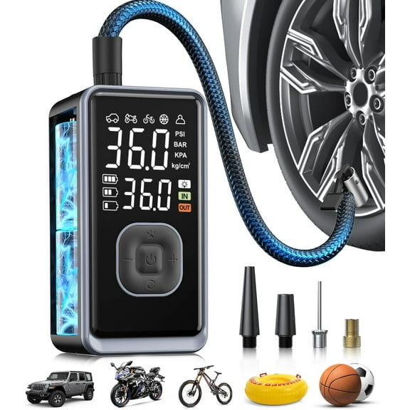 Tire Inflator Portable Air Compressor, 150PSI Cordless Mini Air Pump with Digital Pressure, Bike Pump, 3X Fast Inflation Tire Inflator for Car, Motorcycle, Bike, Ball-LED Light and Auto Shut-Off