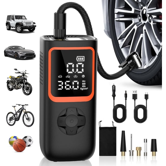 Tire Inflator Portable Air Compressor - 150PSI Cordless Pump for Car Tires with Pressure Gauge & LED Light, 3X Faster Inflation Electric Bikes, Motorcycle, Ball