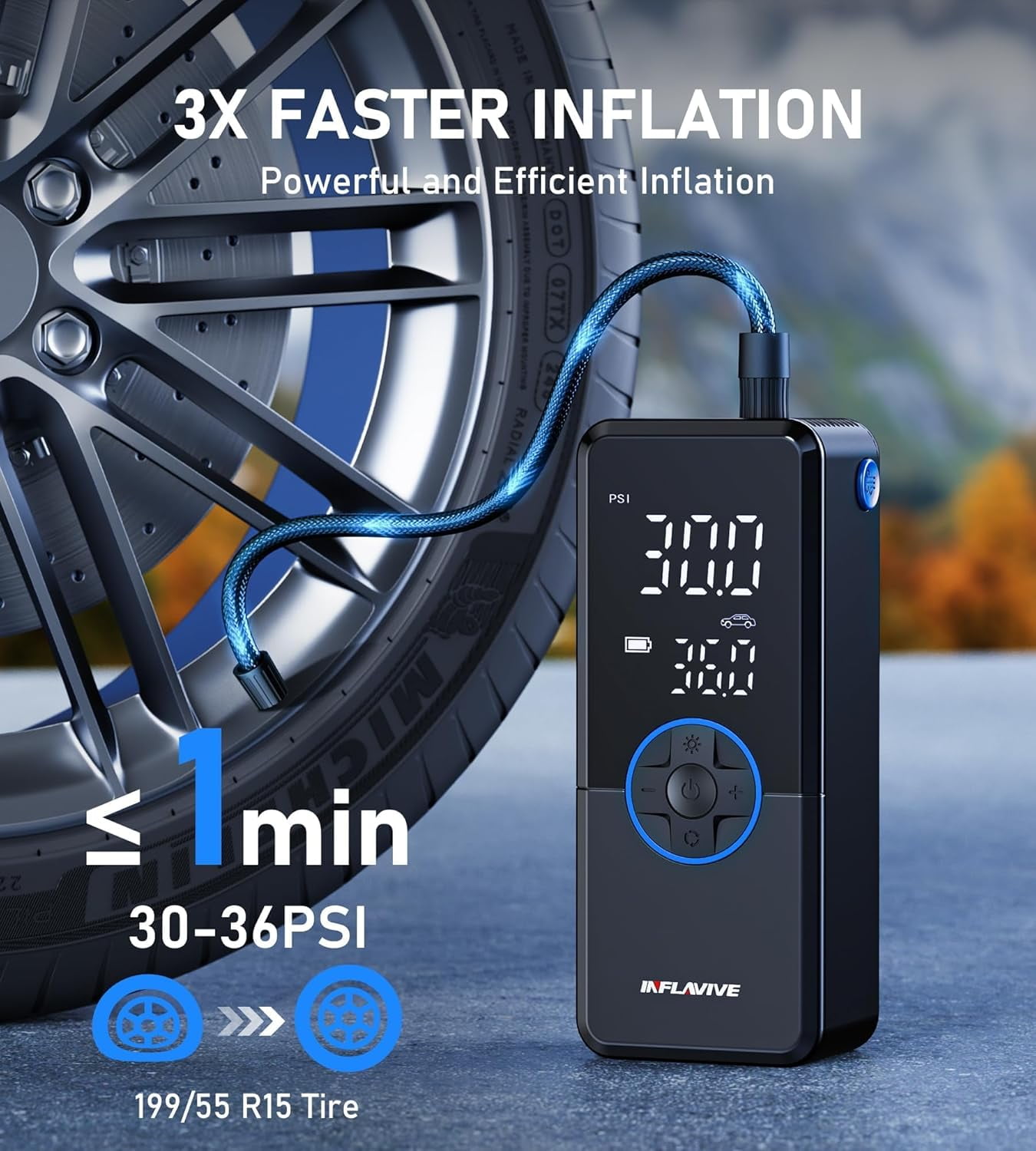 Tire Inflator Portable Air Compressor,150PSI Faster Inflation Cordless Tire Air Pump with Digital Gauge,Auto Shut-Off,LED Light,Electric Air Pump for Car Tires,SUV, Motorcycle, Bike, Balls（Blue)