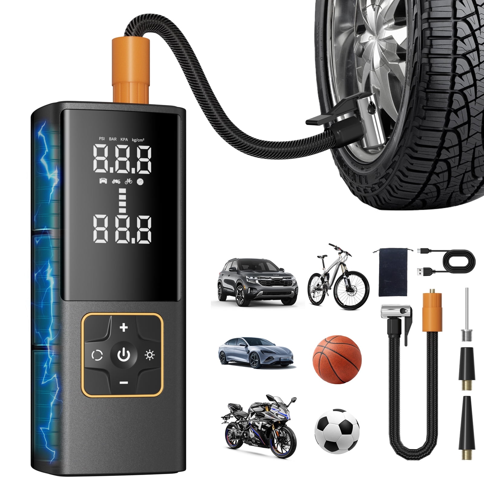 Tire Inflator Portable Air Compressor, 150PSI Portable Air Pump for Car Tires with Digital Pressure Gauge, Cordless Air Pump W/ Powerful Battery&Emergency LED Light for Cars, Bikes, Motorcycles,Balls
