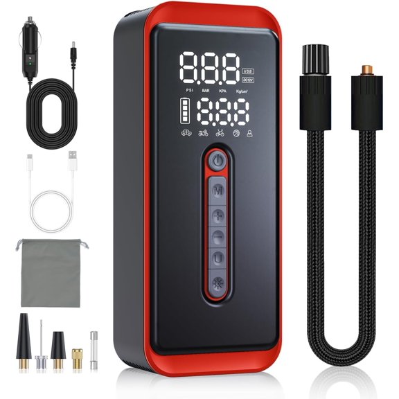 Tire Inflator Portable Air Compressor-4X 150 PSI -Rechargeable & 12V DC Dual Power , Air Pump for Bicycle Ball with LED SOS Lighting (Red)