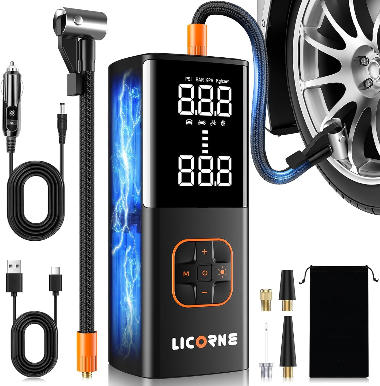 Portable 150PSI Tire Inflator With Digital Gauge, Rechargeable 4000mAh Air Compressor For Car Bike Motorcycle, LED Light Handheld Pump With Auto Shut- Off For Emergency Roadside Use