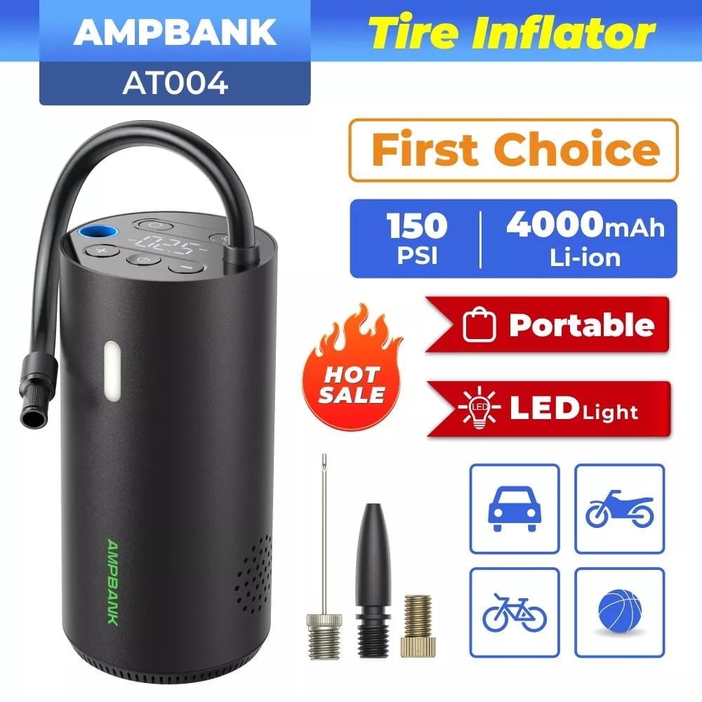 Tire Inflator Portable Air Compressor, AMPBANK AT004 Smart Air Pump for Car Tires, Auto Tire Inflator 150PSI with Pressure Gauge & LED Screen, 2X Faster Air Compressor for Car, Motorcycle, Bike, Ball