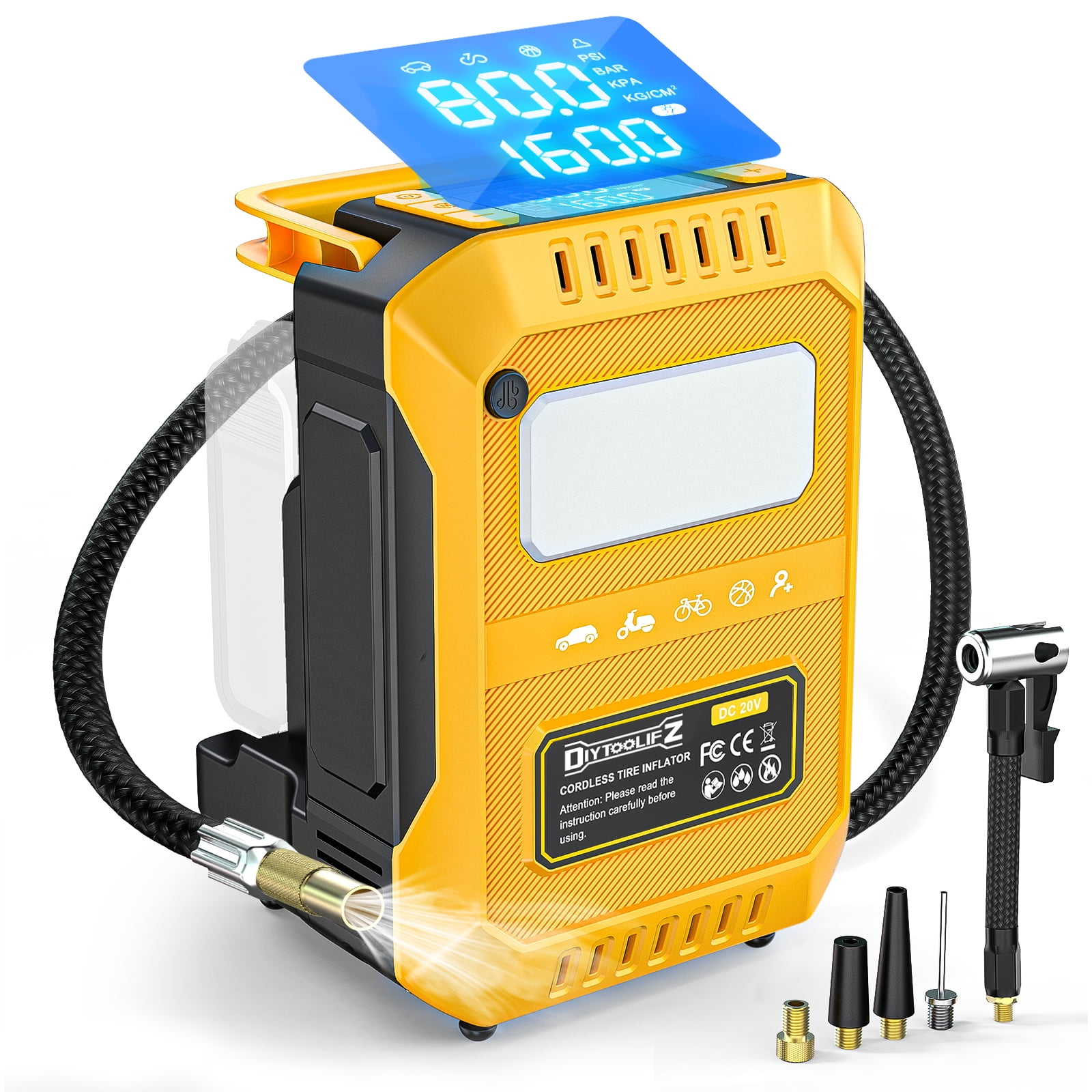 Tire Inflator Portable Air Compressor Compatible with Dewalt 20V Battery, Cordless Bike Pump 160 PSI Car Tires Air Pump with LED Lights & Digital LED Display for Auto, Motorcycles, Balls (Tool Only)