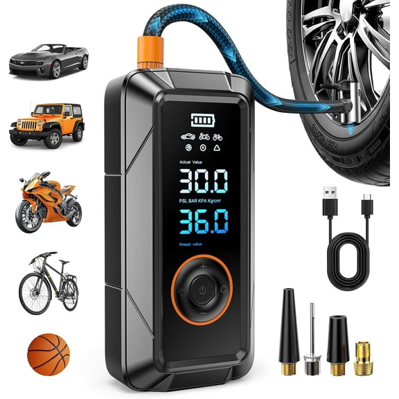 Tire Inflator Portable Air Compressor, Cordless & 12V DC Air Inflator for Car Bikes MotorcycleTires Balls with Auto Shut-Off, Digital Pressure Gauge, Compact Emergency Pump