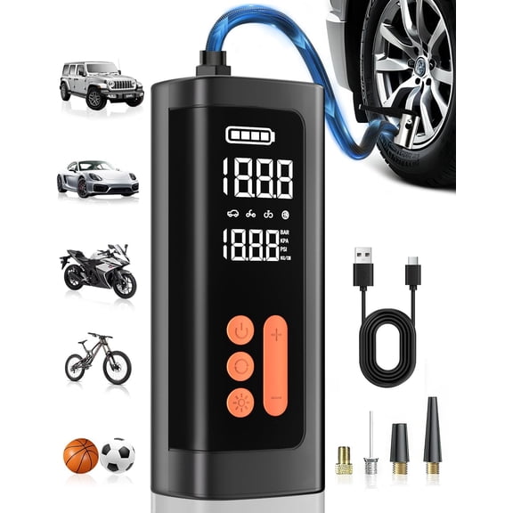 Tire Inflator Portable Air Compressor, Cordless & 12V DC Air Inflator for Car Bikes MotorcycleTires Balls with Auto Shut-Off, Digital Pressure Gauge, Compact Emergency Pump,Vivid Orange