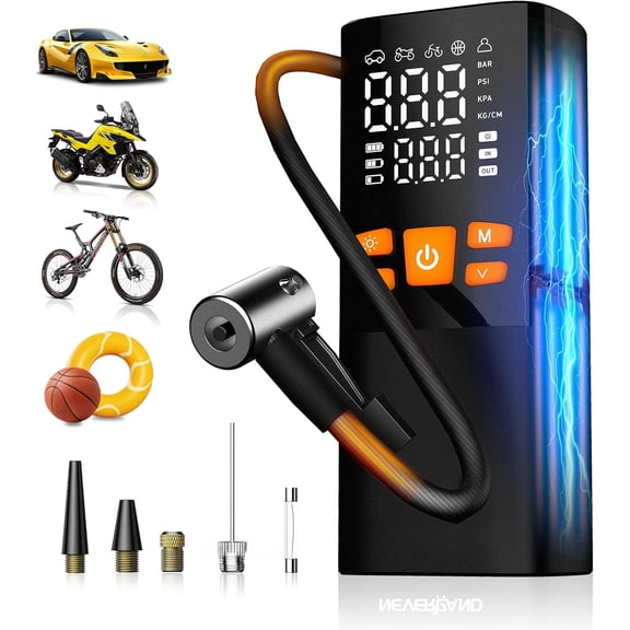 Tire Inflator Portable Air Compressor - Cordless & 12V DC Air Pump for Car Tires, 150 PSI Bike Pump With Gauge, Auto-Shutoff Tire Pump for Car Bicycle Motorcycle Ball(1 Year Warranty)