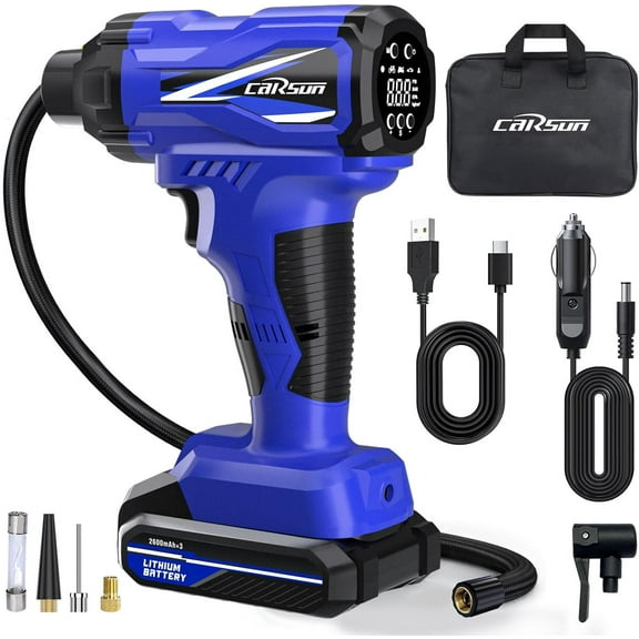 Tire Inflator Portable Air Compressor, Cordless Car Tire Pump with Rechargeable Li-ion Battery 150PSI Portable Handheld Air Pump with Digital Pressure Gauge for Car Tires, Bicycles, Balls, Blue