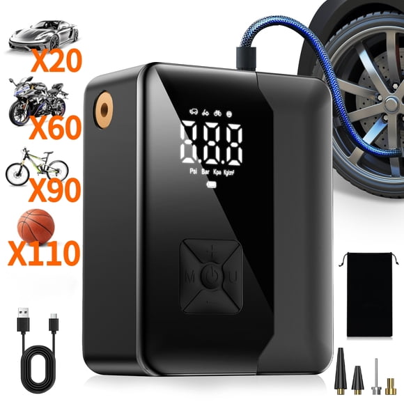 KT1 Tire Inflator Portable Air Compressor with Digital Pressure Gauge, LED Light, 150PSI Fast Inflation for Car, Bikes, Sports Balls, Inflatable Toys, Perfect for Families, Outdoor, Indoor