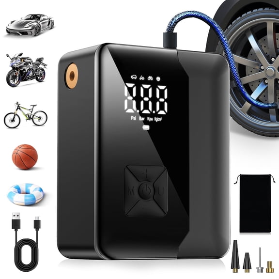 KT1 Tire Inflator Portable Air Compressor with Digital Pressure Gauge, LED Light, 150PSI Fast Inflation for Car, Bikes, Sports Balls, Inflatable Toys, Perfect for Families, Outdoor, Indoor