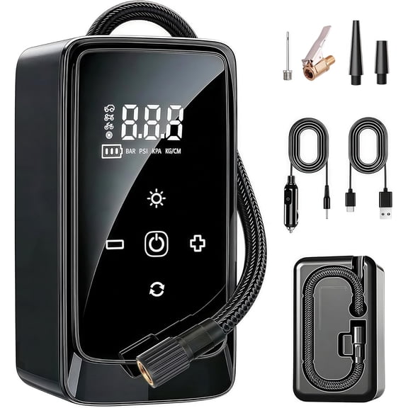 Tire Inflator Portable Air Compressor, Dual-Power (12V DC - Rechargeable) Digital Display Pump, with LED Work Light, for Car Tires, SUV, Motorcycle, Bicycle and Balls