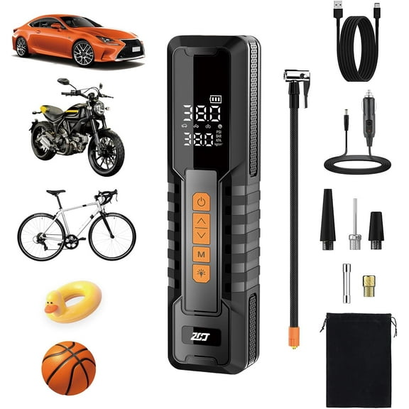 Tire Inflator Portable Air Compressor Emergency Flat Tire Rescue & Pressure Maintenance Tool, Cordless Pump with 150PSI, LCD Screen, Auto Shut-Off for Car, Motorcycle, Bicycle, Balls