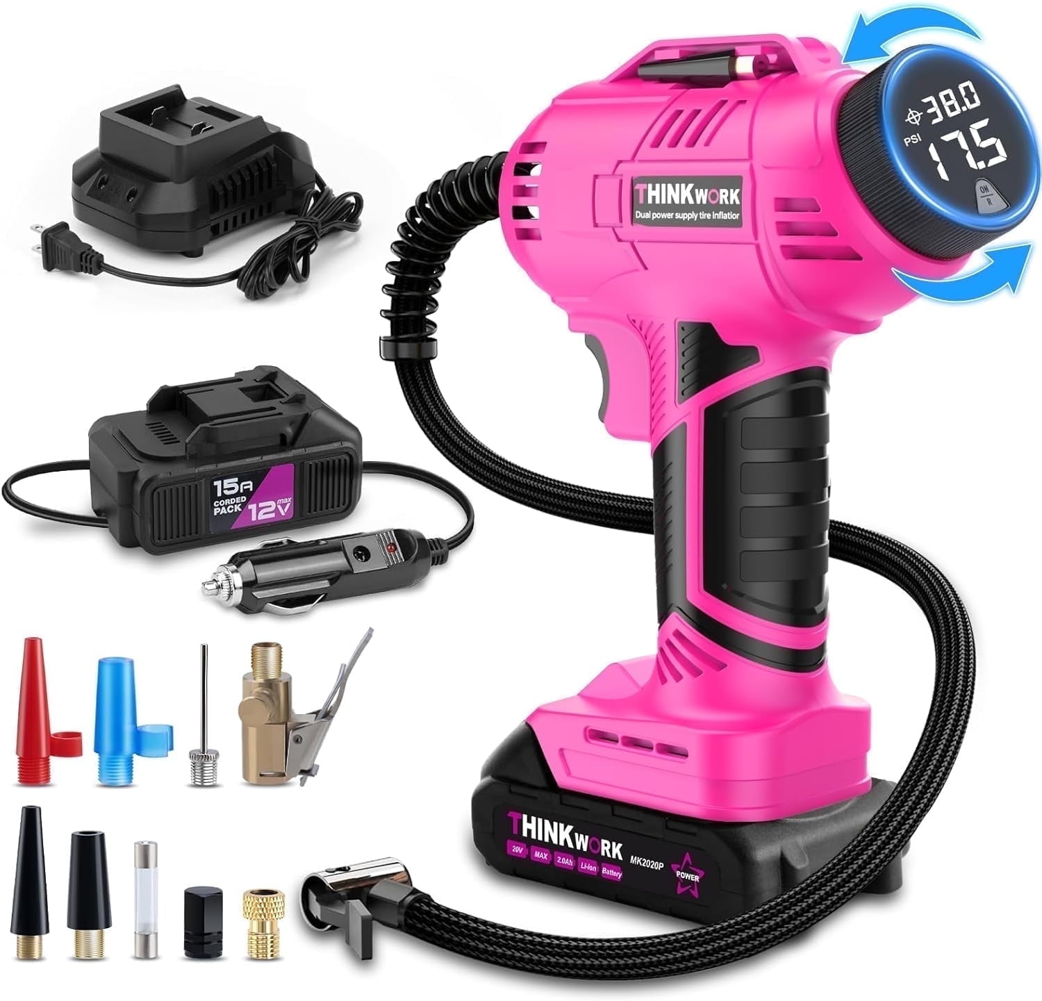 Tire Inflator Portable Air Compressor, Pink Cordless Car Tire Pump with 20V Rechargeable Battery, 12V Car Power Adapter, 150 PSI Handheld Air Pump for Car, Motorcycle, and Bike, Gift for Women