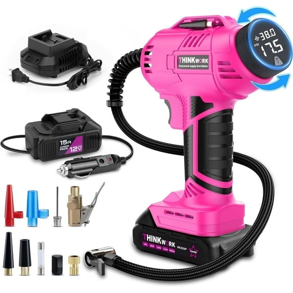 Tire Inflator Portable Air Compressor, Pink Cordless Car Tire Pump with 20V Rechargeable Battery, 12V Car Power Adapter, 150 PSI Handheld Air Pump for Car, Motorcycle, and Bike, Gift for Women