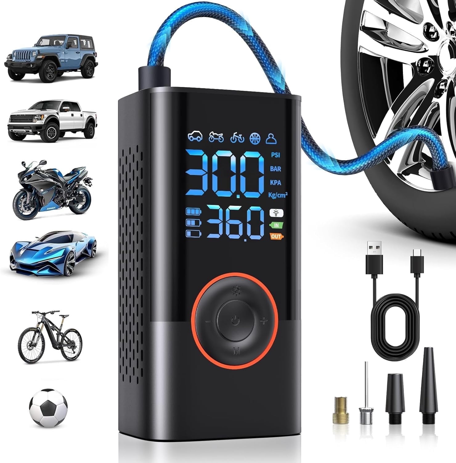 Tire Inflator Portable Air Compressor, 150 PSI Cordless Bike Pump, Air Pump for Auto, Motorcycle, Bicycle, Balls with Pressure Gauge, LED Light & Car Accessories, Black
