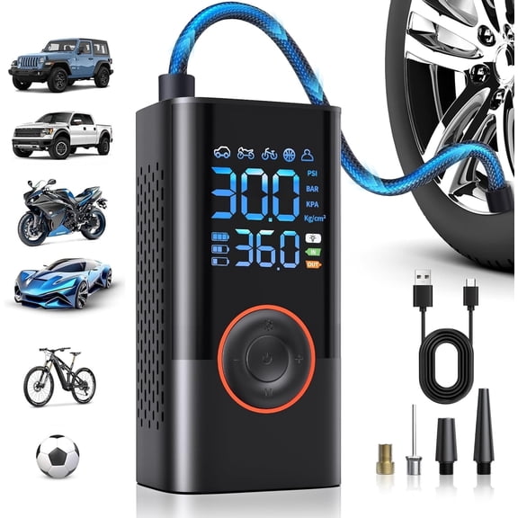Tire Inflator Portable Air Compressor, 150 PSI Cordless Bike Pump, Air Pump for Auto, Motorcycle, Bicycle, Balls with Pressure Gauge, LED Light & Car Accessories, Black