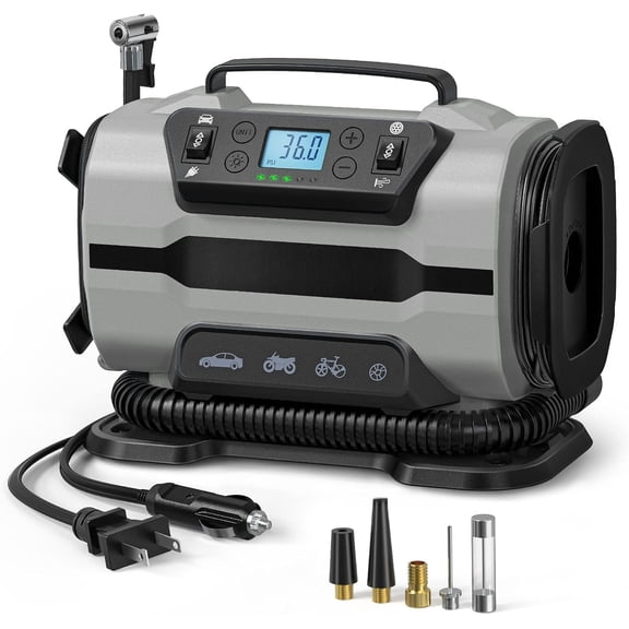 Tire Inflator Portable Air Compressor Pump 150PSI 12V DC/110V AC with Dual Metal Motors&LED Light, Automotive Car Accessories&Two Modes for Car, Bicycle Tires and Air Mattresses, Gray