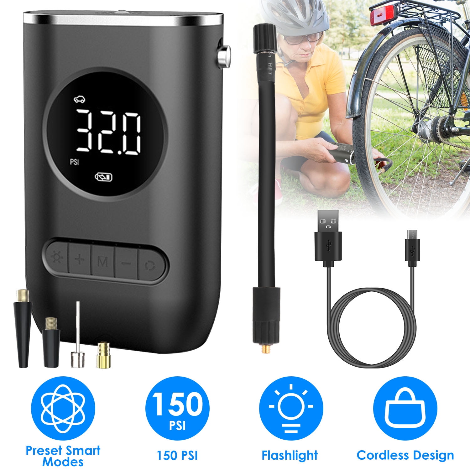 Tire Inflator Portable Air Compressor, TeqHome 150PSI Cordless Air Pump for Car Tires,Tire Pump with LED Light Suitable for Cars, Bikes, Balls, Motorcycles