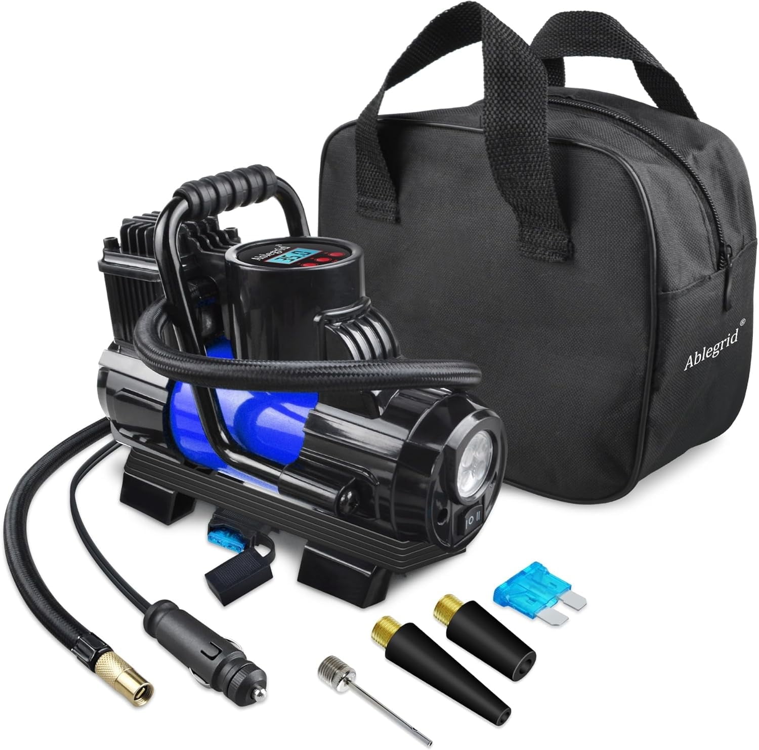 Tire Inflator Portable Air Compressor Tire Air Pump for Car Tires - Car Accessories, 12V DC Auto Pump with Digital Pressure Gauge, Emergency LCD Light for Bicycle, Balloons, Blue