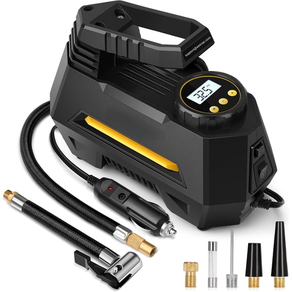 Tire Inflator Portable Air Compressor Tire Air Pump for Car Tires - Car Accessories, 12V DC Auto Pump with Digital Pressure Gauge, Emergency LED Light for Bicycle, Balloons, Yellow