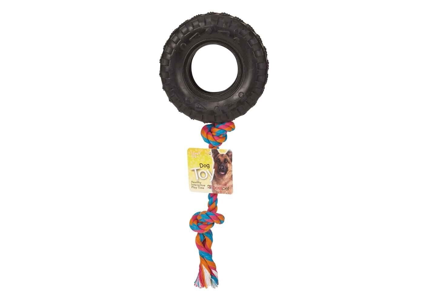 Tire N Tug Heavy Duty Durable Rubber Dense Medium Large Dog Chew Toy With Rope